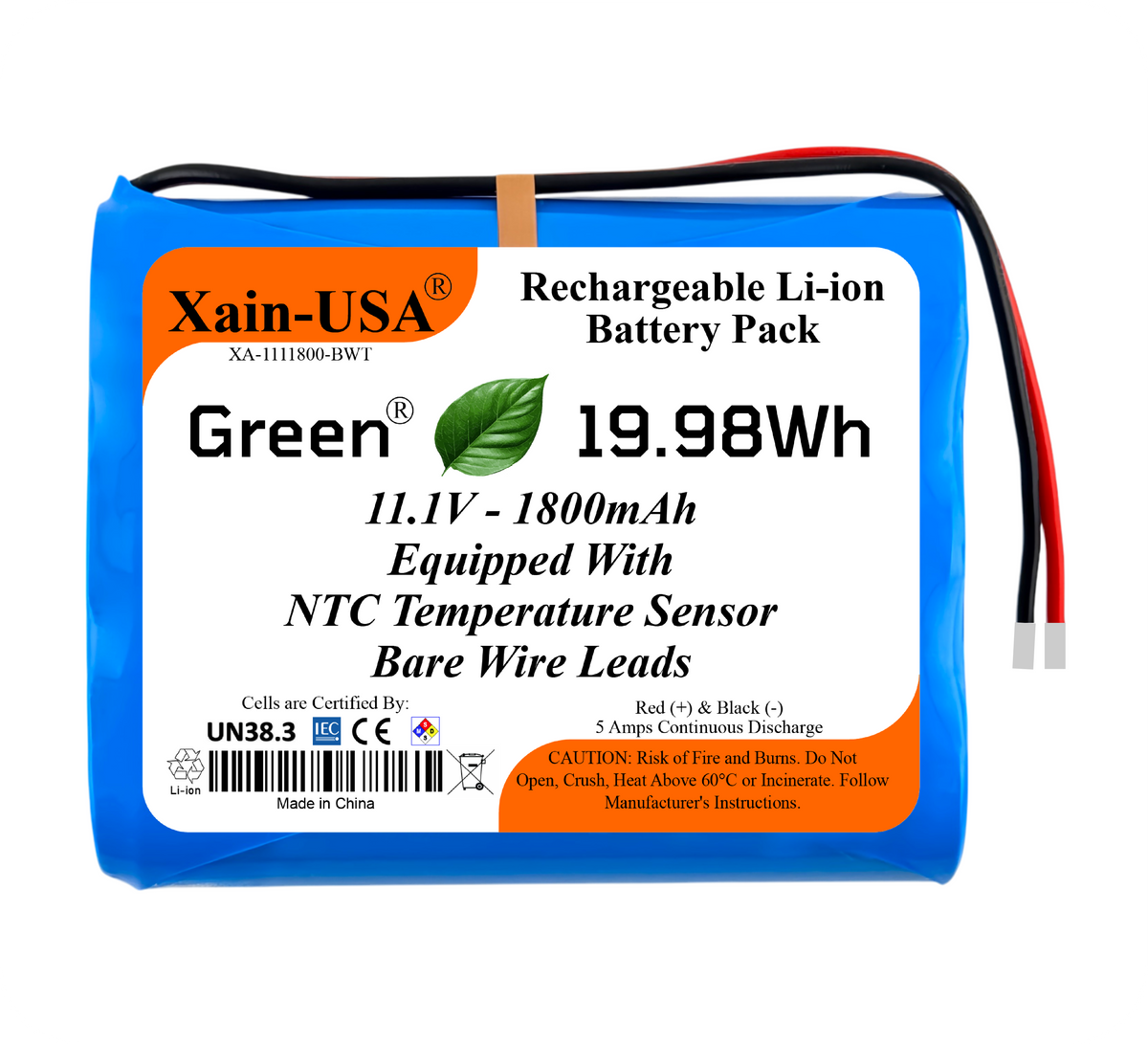 Xain-USA 11.1V 1800mAh Rechargeable Li-ion Battery Pack | 19.98Wh | 5A Continuous Discharge | Bare Wire Leads | Built-In BMS & 10KΩ NTC Thermistor | Emergency Lighting, DIY & Electronics