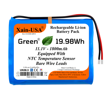 Xain-USA 11.1V 1800mAh Rechargeable Li-ion Battery Pack | 19.98Wh | 5A Continuous Discharge | Bare Wire Leads | Built-In BMS & 10KΩ NTC Thermistor | Emergency Lighting, DIY & Electronics
