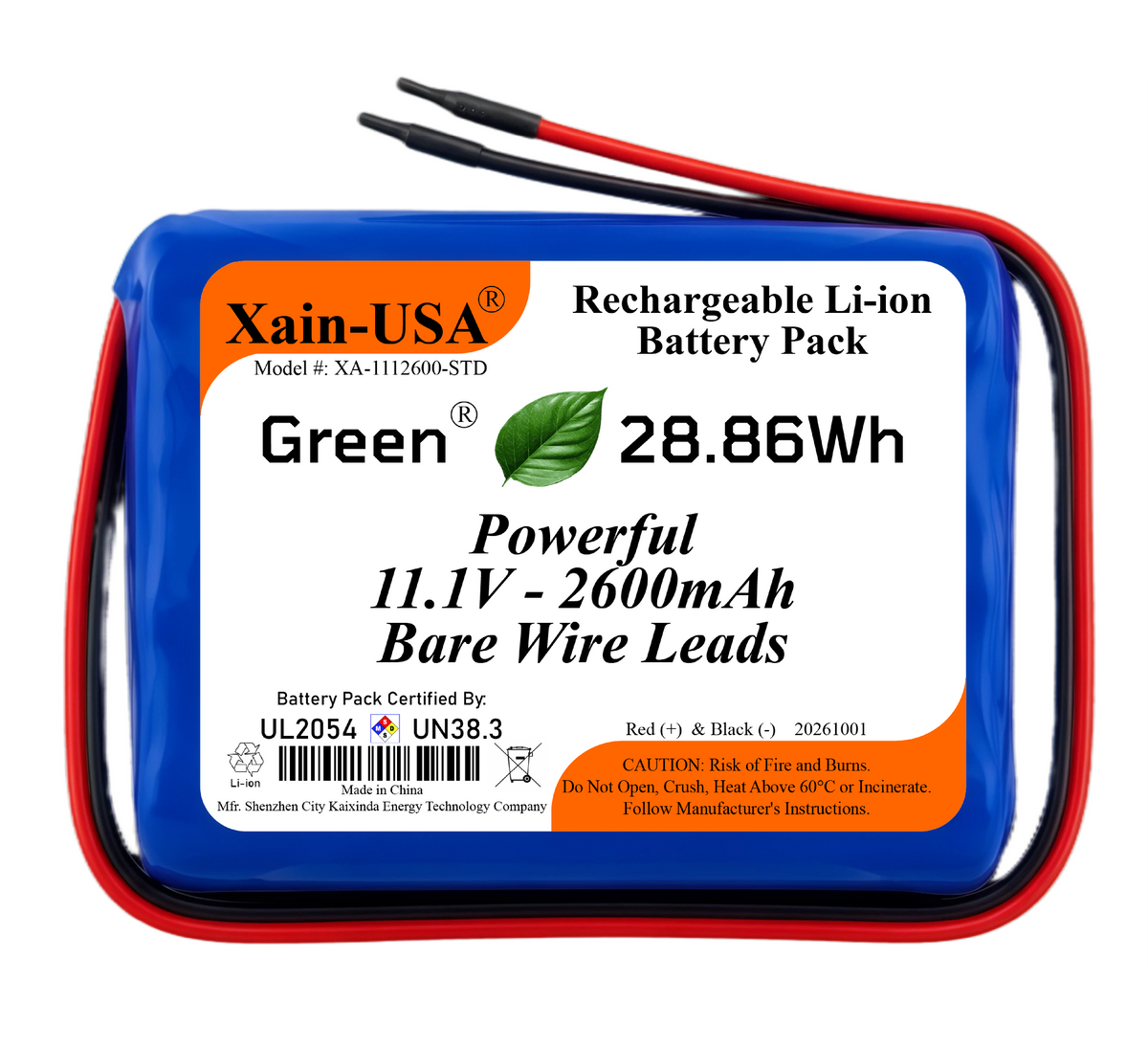 UL2054 Certified, 11.1V 2600mAh Li-ion Battery, 5A Cont., Bare Wire Leads