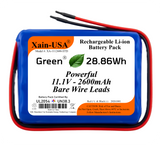 UL2054 Certified, 11.1V 2600mAh Li-ion Battery, 5A Cont., Bare Wire Leads