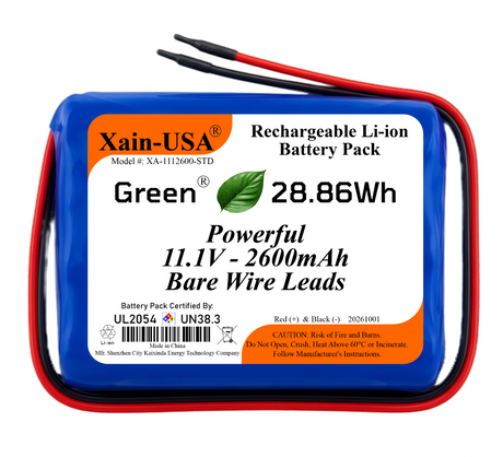 UL2054 Certified, 11.1V 2600mAh Li-ion Battery, 5A Cont., Bare Wire Leads