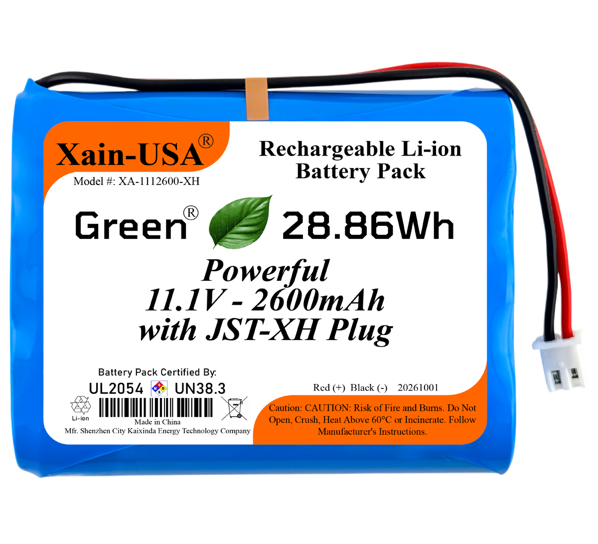 UL2054 Certified, 11.1V - 2600mAh Li-ion Battery, 5A Cont., JST-XH 2-Pin
