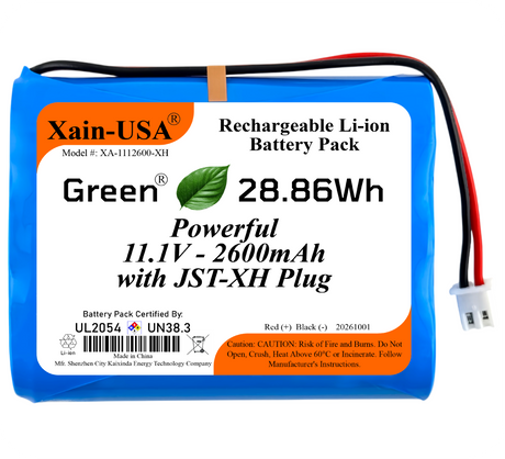 UL2054 Certified, 11.1V - 2600mAh Li-ion Battery, 5A Cont., JST-XH 2-Pin