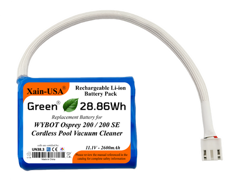 Xain-USA 11.1V 2600mAh replacement battery for WYBOT Osprey 200/200 SE with sleeved lead and white plug.