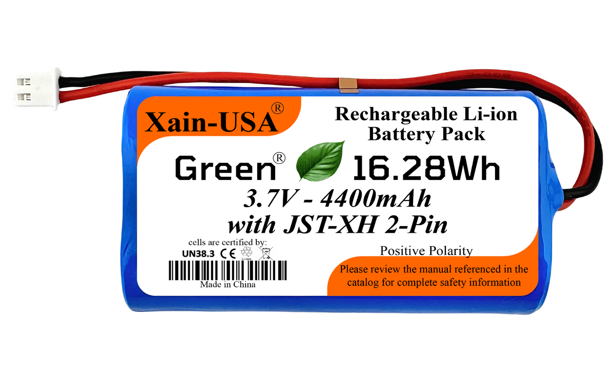 Xain-USA 3.7V 4400mAh blue battery pack with JST-XH 2-pin plug and 16.28Wh label.