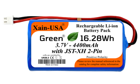 Xain-USA 3.7V 4400mAh blue battery pack with JST-XH 2-pin plug and 16.28Wh label.