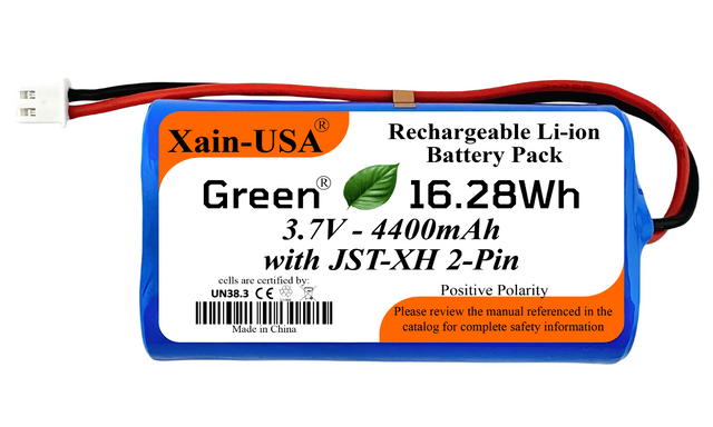 Xain-USA 3.7V 4400mAh blue battery pack with JST-XH 2-pin plug and 16.28Wh label.