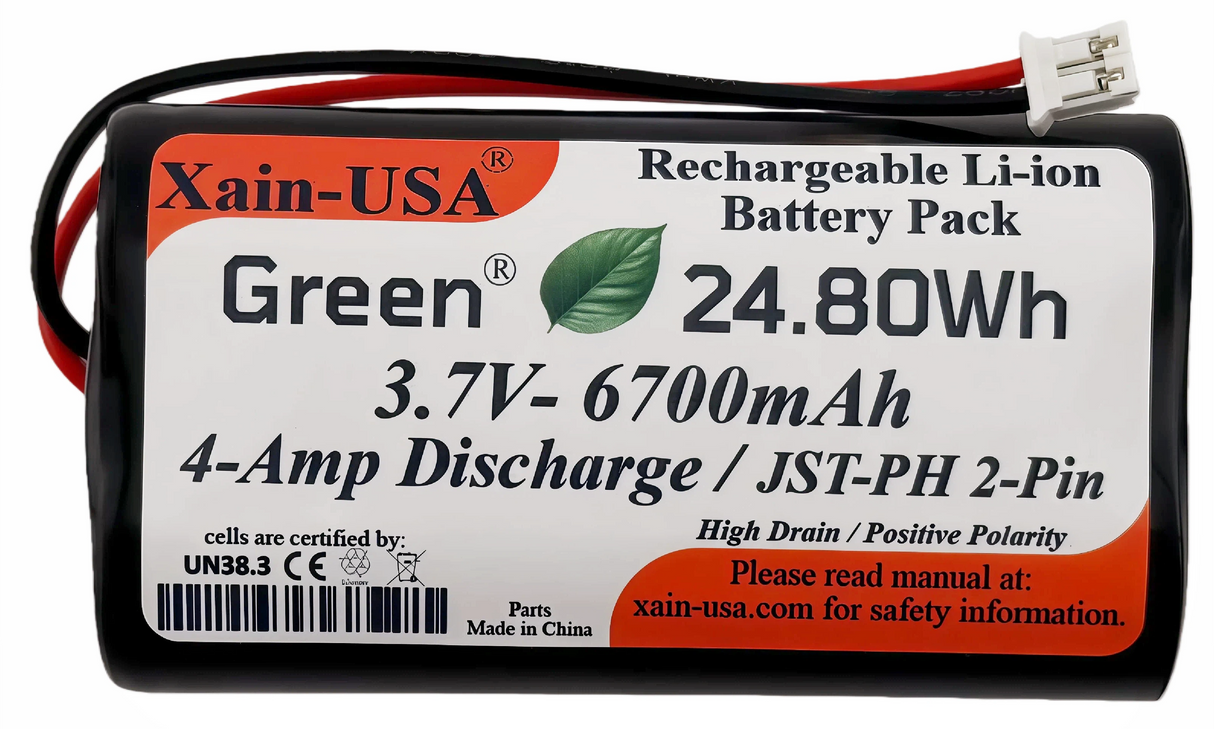 1S2P High-Capacity High-Drain 3.7V - 6700mAh Li-ion Battery Pack, with JST-PH 2-Pin Plug, 152% more power than 4400mAh, for Electronics, Solar Lights, GPS, Meshtastic Solar Node Project, Speakers