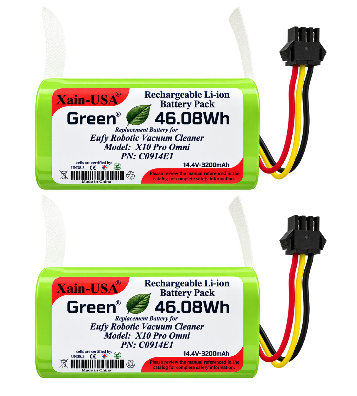2-Pack 14.4V 3200mAh Replacement Batteries for Eufy X10 Pro Omni Robotic Vacuum Cleaner, PN C0914E1, with Built-in BMS and NTC Temperature Sensor