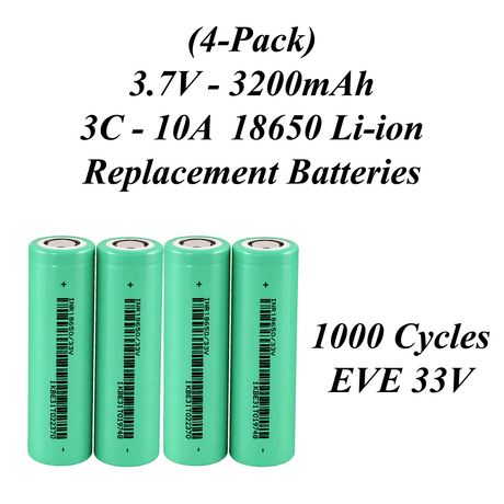 Xain-USA | 4-Pack 3.7V 3200mAh Headlight Batteries | EVE 33V 18650 Button Top Li-Ion Cells | 10A Discharge | Unprotected