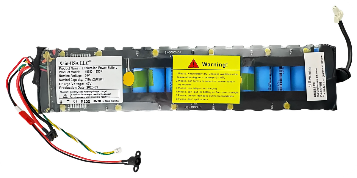 Replacement Battery For Xiaomi M365 PN: NE1003-H (36V 7800mAh, 280Wh) with Built-in Communication Protocol. Please See Our Catalog for Xiaomi Scooter Compatibility List.
