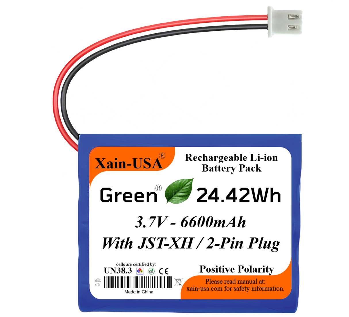 3.7V 2600mAh Li-ion Battery Pack with JST-XH 2-Pin Plug