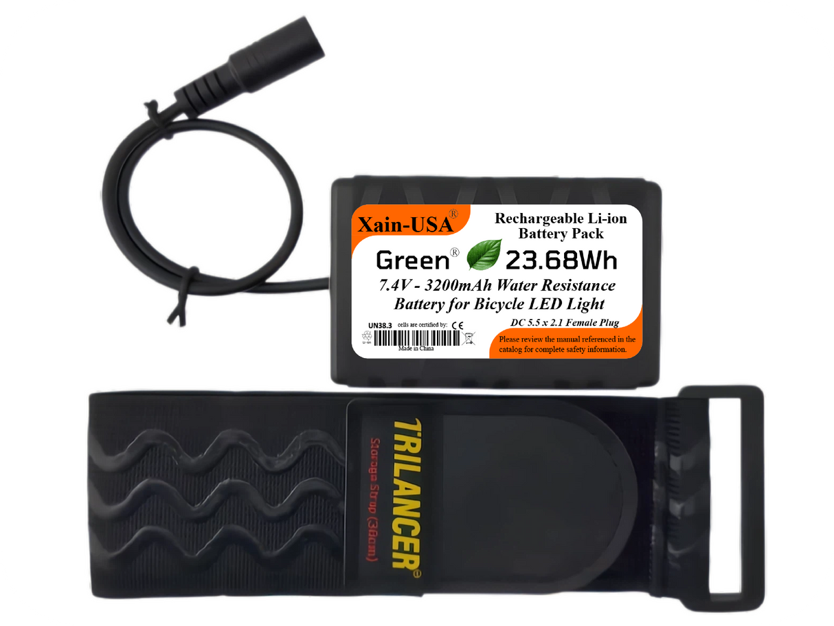 Water‑Resistant 7.4V 3200mAh Battery Pack for Bike LED Lights, DC 5.5×2.1mm Female Plug
