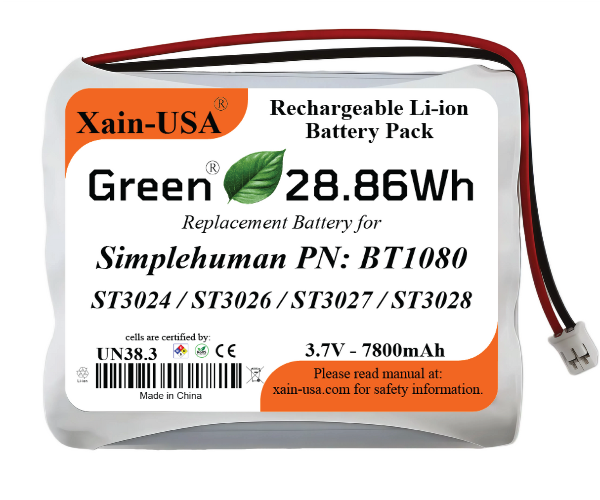 7800mAh ULTRA-CAPACITY Replacement Battery for Simplehuman PN:BT1080 Model: ST3024 Sensor Mirror Trio, 3.7V Rechargeable Li-ion Pack, Built with Xain-Xtra Cells for 1000+ Cycles, Twice the Lifespan of Standard Cells