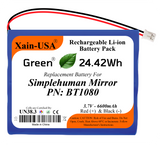 Xain-USA BT1080 3.7V 6600mAh replacement battery for Simplehuman mirrors with white 2-pin plug.