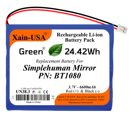 Xain-USA BT1080 3.7V 6600mAh replacement battery for Simplehuman mirrors with white 2-pin plug.