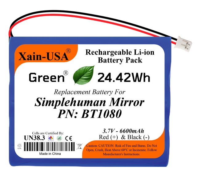 Xain-USA BT1080 3.7V 6600mAh replacement battery for Simplehuman mirrors with white 2-pin plug.