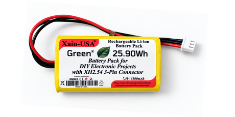 Yellow 7.4V 3500mAh battery pack for DIY electronics with white JST-XH 3-pin connector.