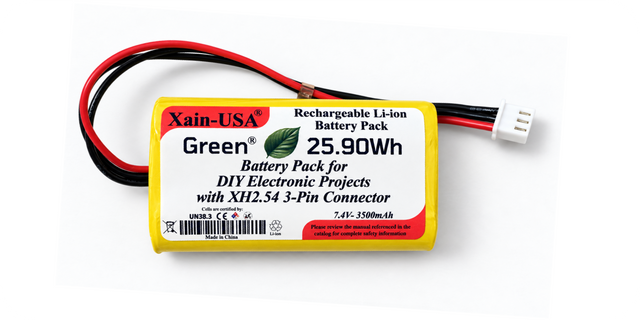 Yellow 7.4V 3500mAh battery pack for DIY electronics with white JST-XH 3-pin connector.