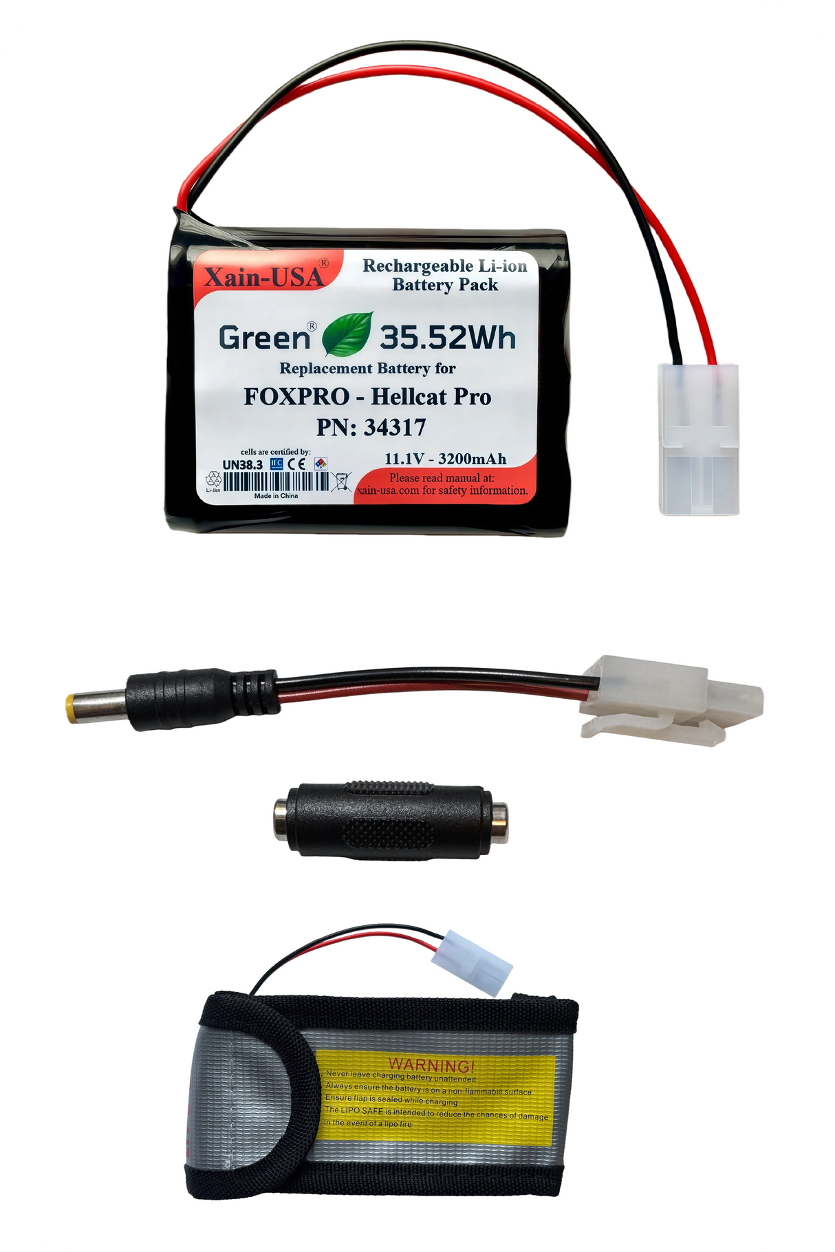 (2x2) SMART Battery Package / 3200mAh High-Capacity Replacement for FOXPRO Hellcat Pro Game Caller. Featuring Xain-Extra cells 1000 charge cycles. Comes with charger adapter / PN: 34317 / 11.1V 3S1P