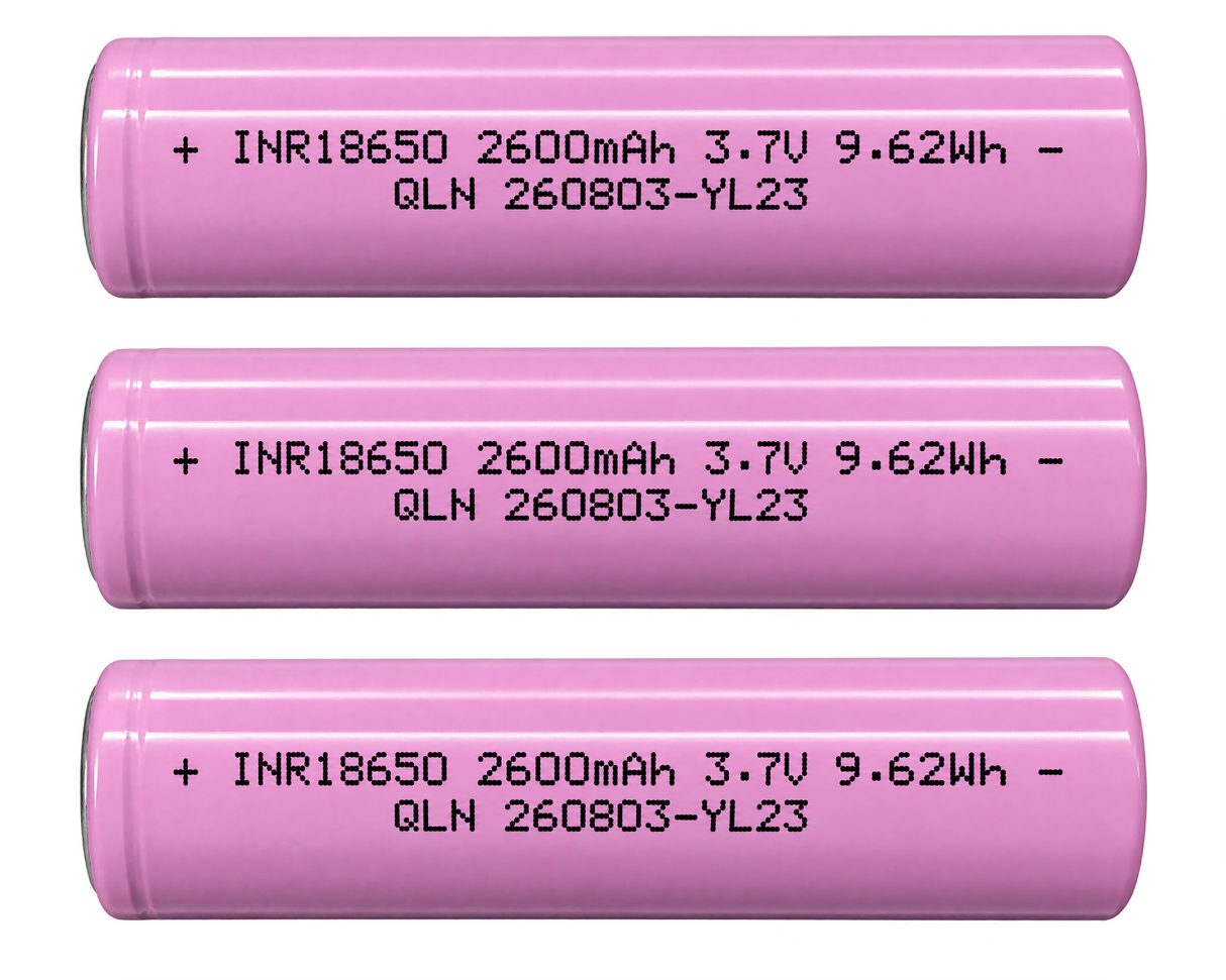 3-Pack 3.7V 2600mAh 18650 Button Top Rechargeable Li-ion Batteries – 9.62Wh, Unprotected Cells