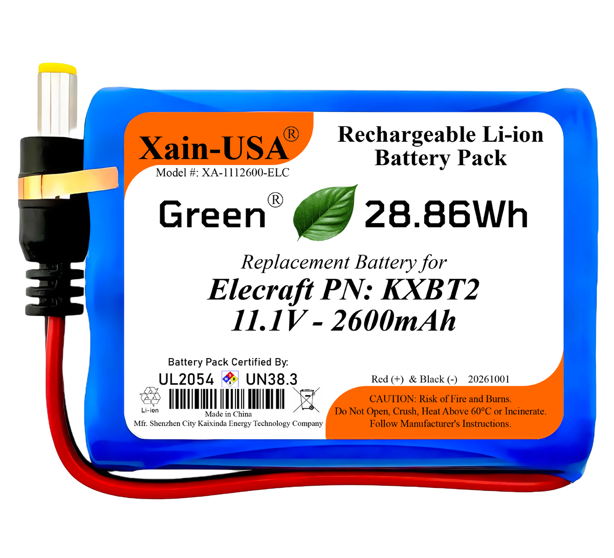 Xain-USA UL 2054 Certified 11.1V 2600mAh Replacement Battery for Elecraft KX2 & KH1, Replaces KXBT2, 28.86Wh, 5A BMS, 10K NTC
