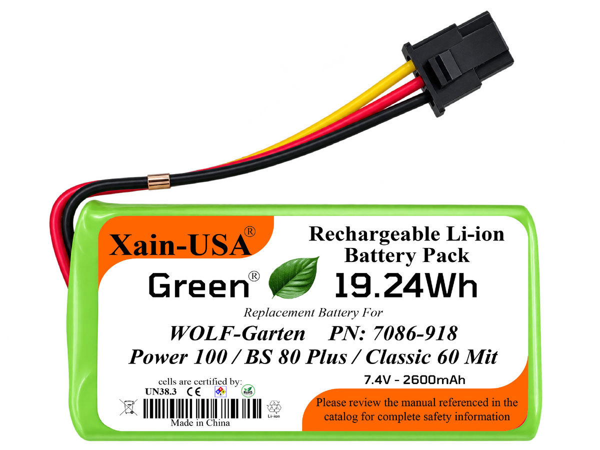 7.4V 2600mAh Replacement Battery for WOLF-Garten Power 100 / BS 80 Plus / Classic 60 Mit, Replaces PN 7086-918, 19.24Wh Li-ion, 3-Wire Connector, Built-in BMS