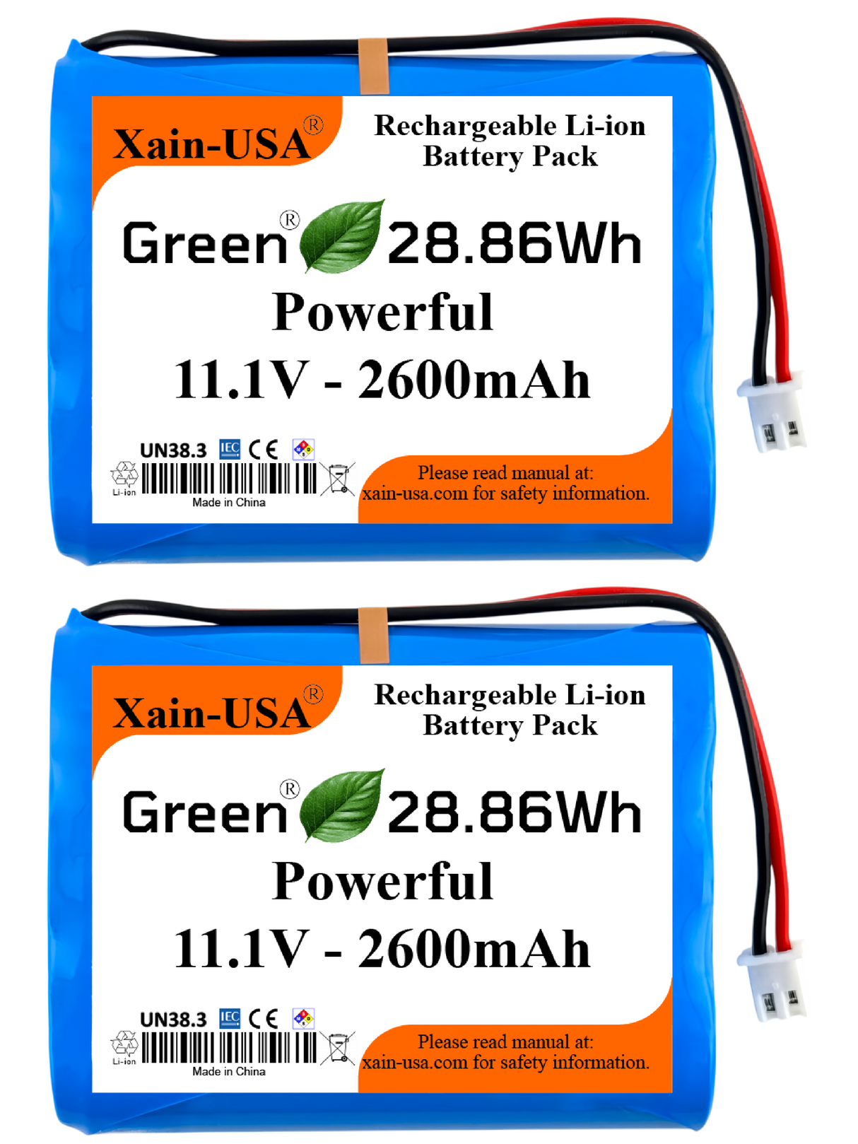 (2-Pack) 11.1V 2600mAh Li-ion Rechargeable Battery Pack, 3S1P with JST-XH 2-Pin Connector & Built-in BMS – Powerful Replacement Battery. for Super LifeJacket, Pool Vacuum, audio, robotics, lighting
