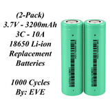 Xain-USA | 2-Pack 3.7V 3200mAh Headlight Batteries | EVE 33V 18650 Button Top Li-Ion Cells | 10A Discharge | Unprotected