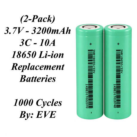 Xain-USA | 2-Pack 3.7V 3200mAh Headlight Batteries | EVE 33V 18650 Button Top Li-Ion Cells | 10A Discharge | Unprotected