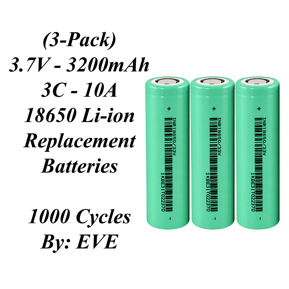Xain-USA | 3-Pack 3.7V 3200mAh Headlight Batteries | EVE 33V 18650 Button Top Li-Ion Cells | 10A Discharge | Unprotected
