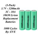 Xain-USA | 3-Pack 3.7V 3200mAh Headlight Batteries | EVE 33V 18650 Button Top Li-Ion Cells | 10A Discharge | Unprotected