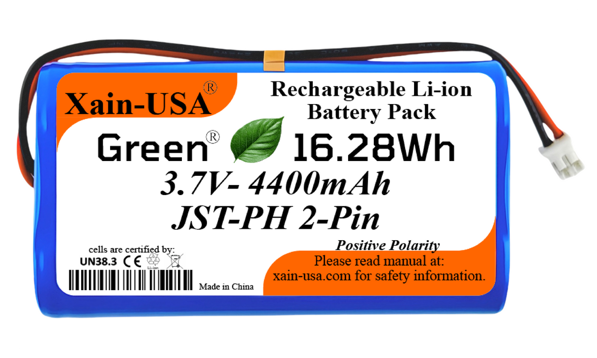 (1-Pack) 3.7V 4400mAh Li-ion Rechargeable Battery Pack with JST-PH2.0 2-Pin Connector for Electronics, LED Lighting, Outdoor Lights, Toys, GPS, Meshtastic Solar Node Projects, Speakers, Fire Alarm