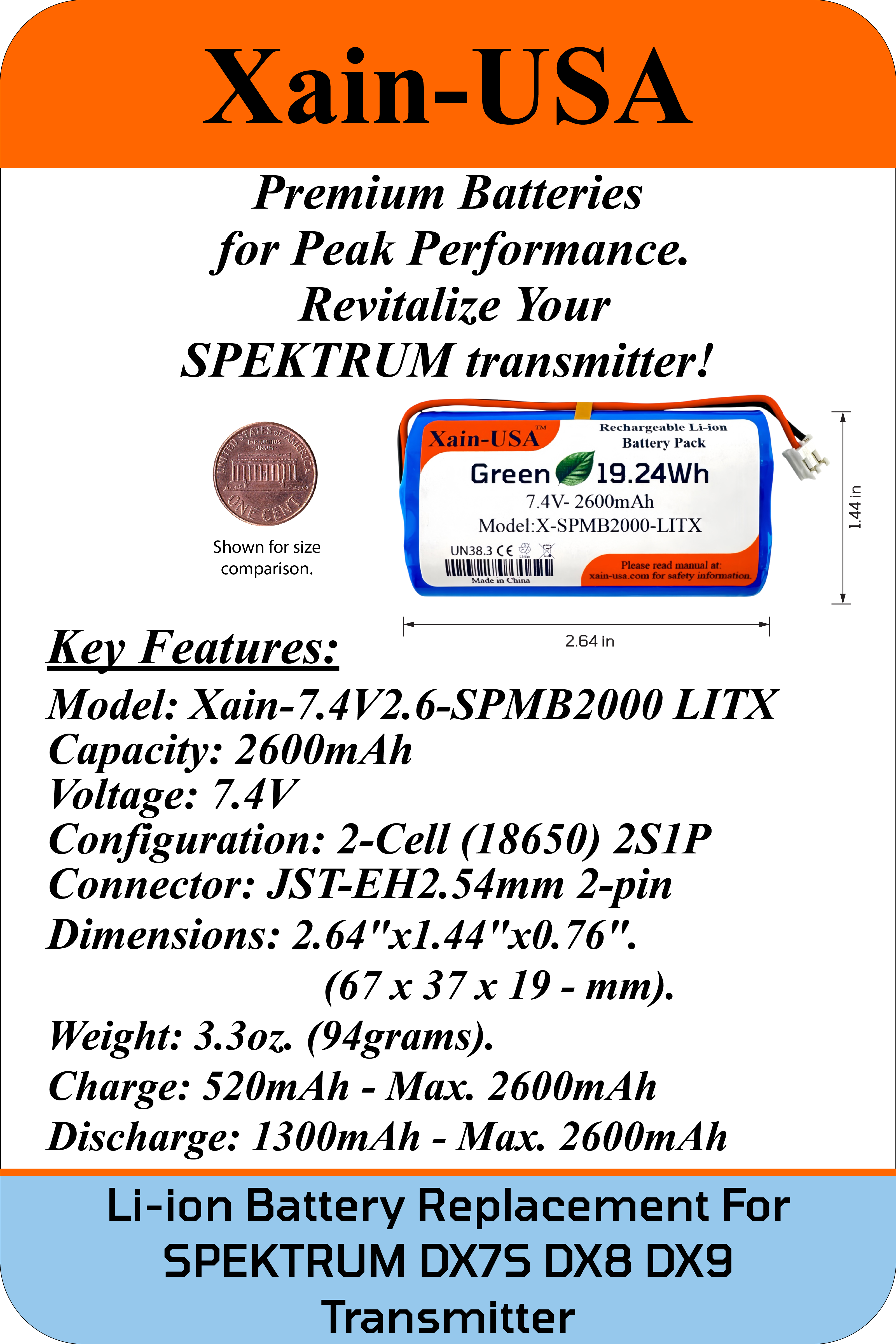 7.4V SPMB2000 LITX Battery Replacement for Spektrum DX7S DX8 DX9 Transmitter 2600mAh