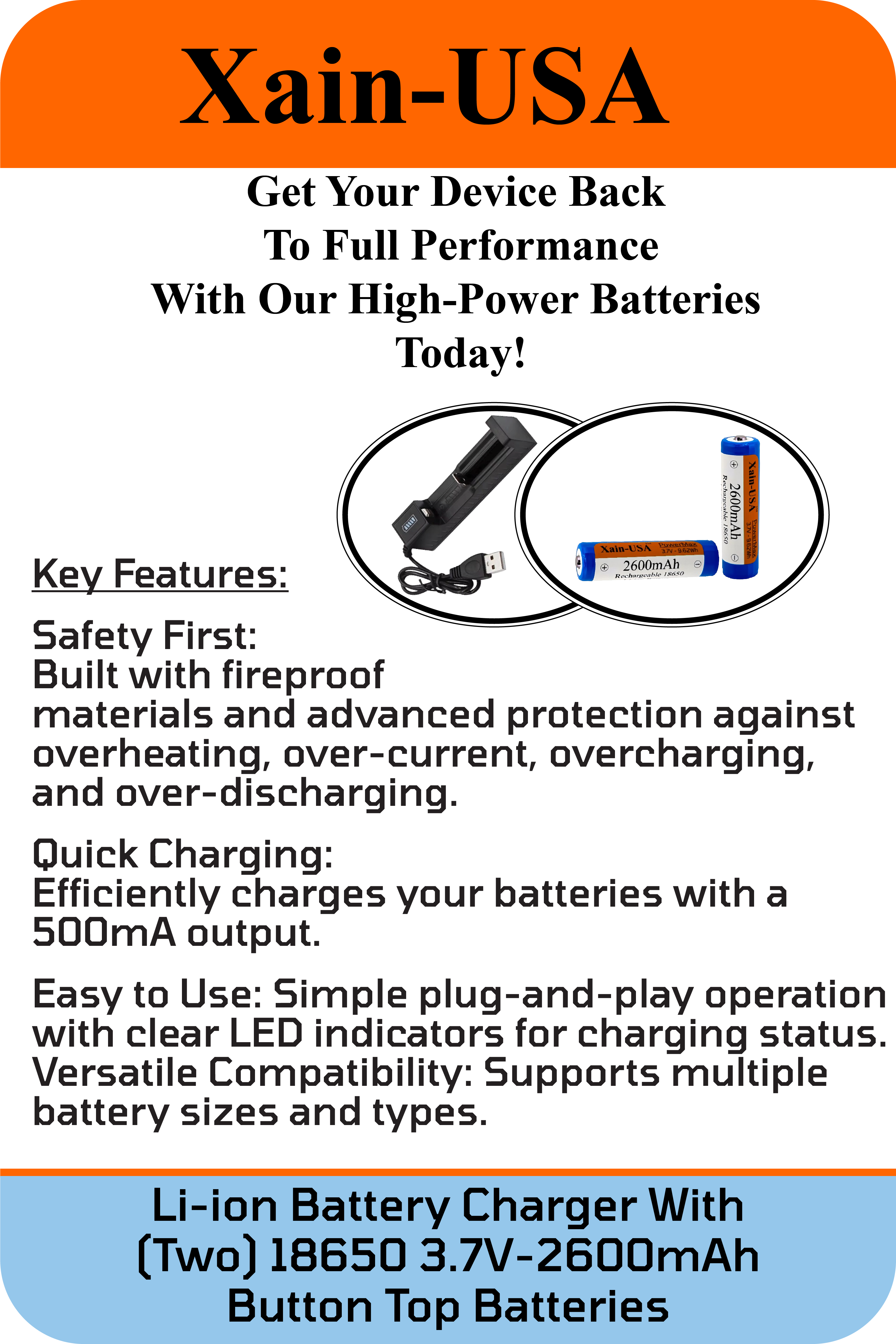 2-Pack 3.7V 2600mAh 18650 Button-Top Rechargeable Batteries with Single Cell Charger.