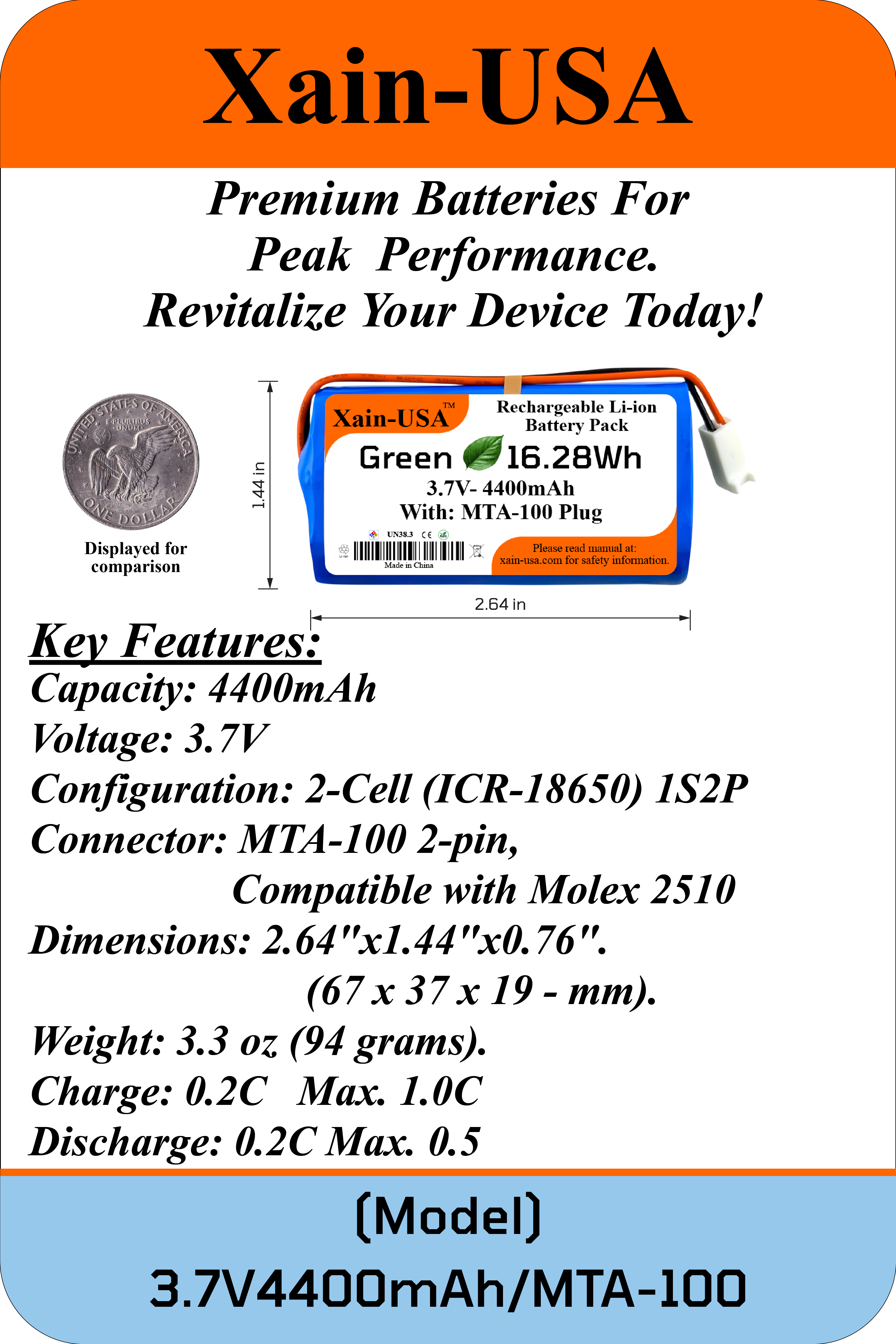 3.7V 4400mAh Li-ion Battery Pack with MTA-100 Plug