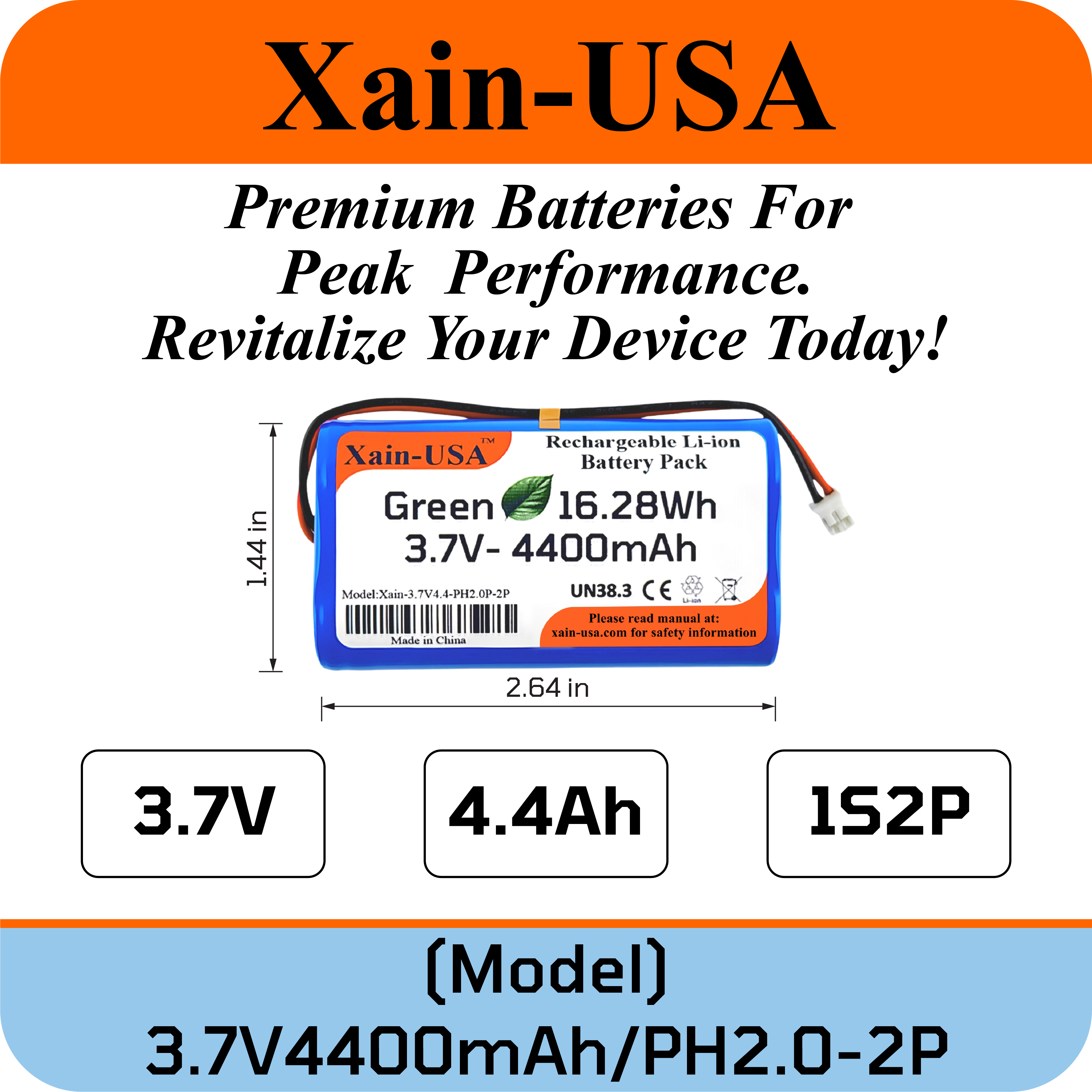 3.7V 4400mAh 1S2P Rechargeable Li-ion Battery Pack Replacement, 16.28Wh, with JST-PH2.0mm 2-pin Interface Female Connector