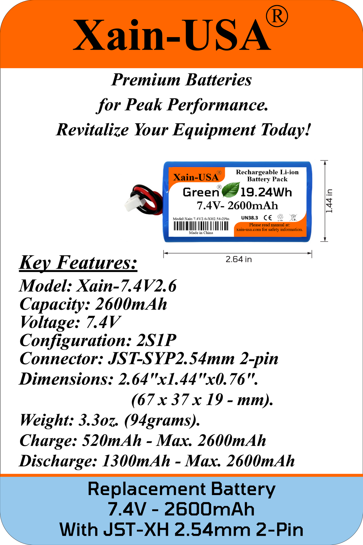 (2-Pack) 7.4V 2600mAh Li-ion Battery Pack (19.24Wh) with JST-XH 2-Pin Connector – Rechargeable 2S Pack for RC Cars, Robots, LED Lights, Portable Electronics, DIY Electronics Products