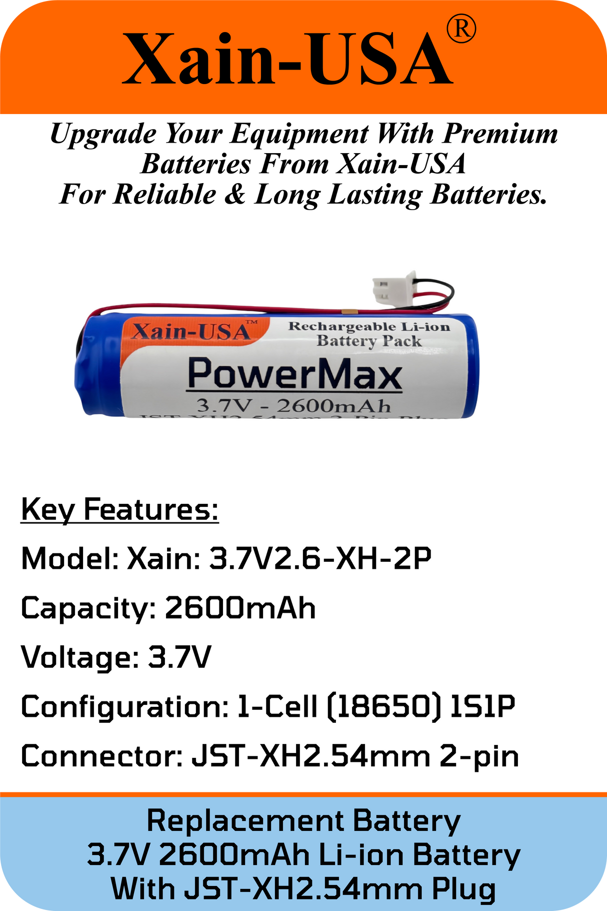 (2-Pack) 3.7V 2600mAh Li-ion Battery Pack (9.62Wh) with JST-XH 2-Pin Connector – Rechargeable 1S Pack for RC Cars, Robots, LED Lights, Portable Electronics, DIY Electronics Products