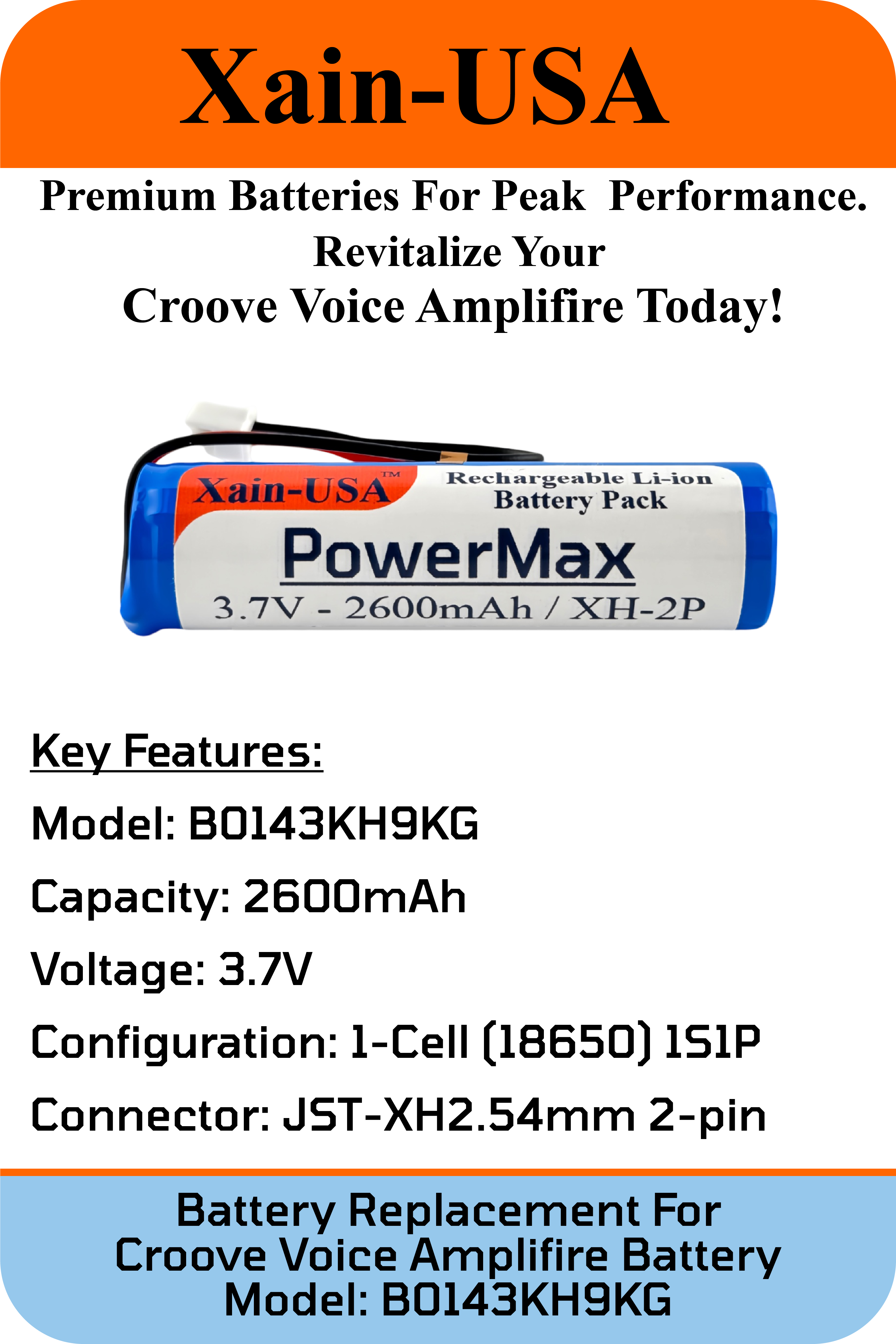 3.7V 2600mAh Li-ion rechargeable Battery, Compatible With Croove Amplifier Model B0143KH9KG