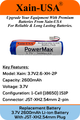 (10-Pack) 3.7V 2600mAh Li-ion Battery Pack (9.62Wh) with JST-XH 2-Pin Connector – Rechargeable 1S Pack for RC Cars, Robots, LED Lights, Portable Electronics, DIY Electronics Products