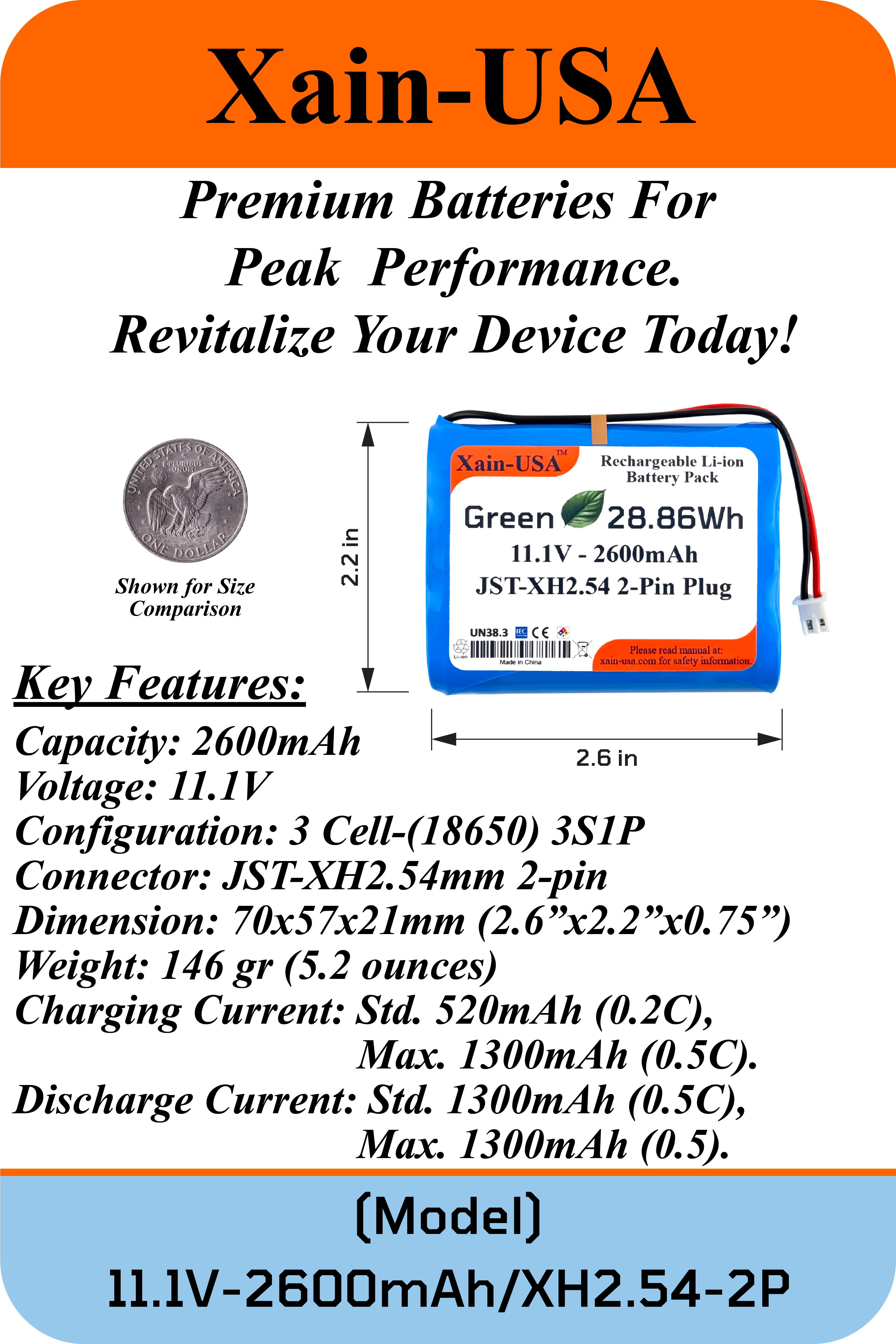 11.1V 2600mAh Powerful Replacement Li-ion Battery, 3S1P config, JST-XH2.54 connector, BMS, Ideal for IMW888S, IMW889N-BLKC.