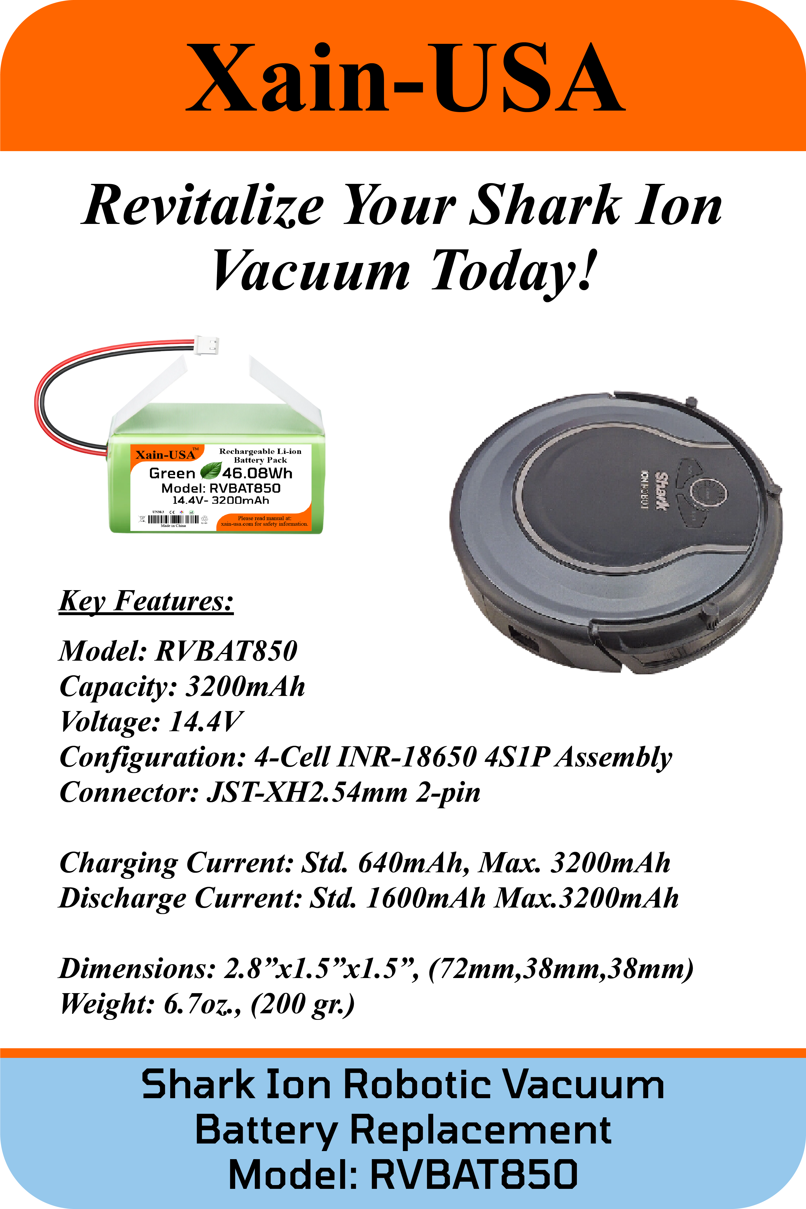 14.4V 3200mAh RVBAT850 Replacement Battery: 2-Prong Connector. Compatible with: Shark Ion Robot Vacuum Models R75, RV761, RV850C, RV1000S, UR1000SR_N, RV700_N, RV720_N, Equipped with (BMS).