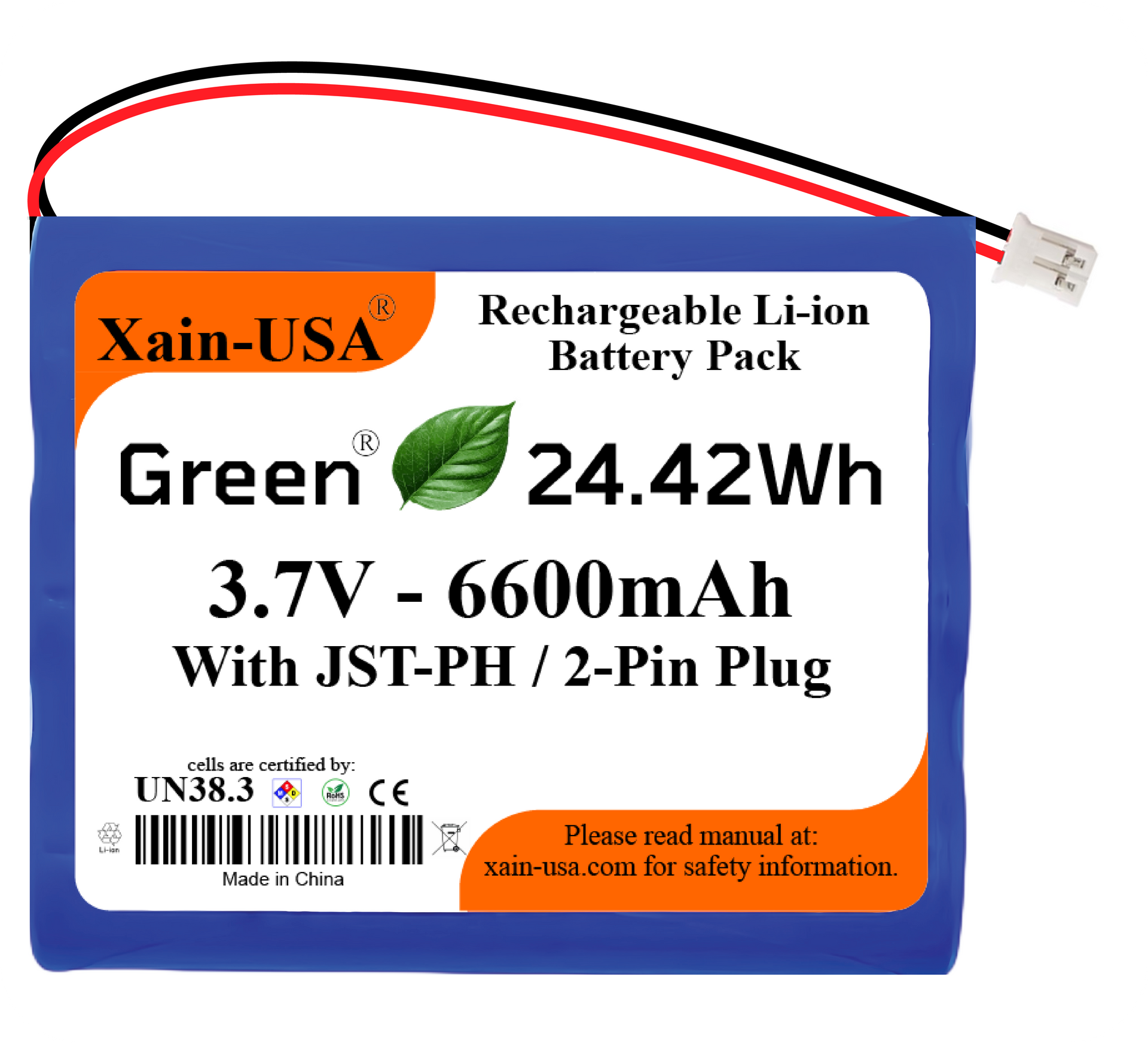 Xain-USA 3.7V 6600mAh JST-PH 2.0 for Simplehuman Mirrors, Arduino