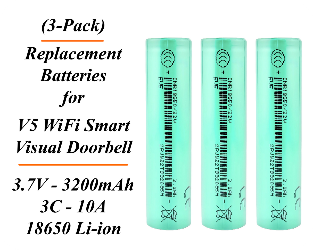 (3‑Pack) 3.7V 3200mAh Li‑ion Replacement Batteries Compatible with V5 WiFi Smart Visual Doorbell, PIR Motion Detection, 720P HD / Ultra‑High Capacity / 1000+ Charge Cycles
