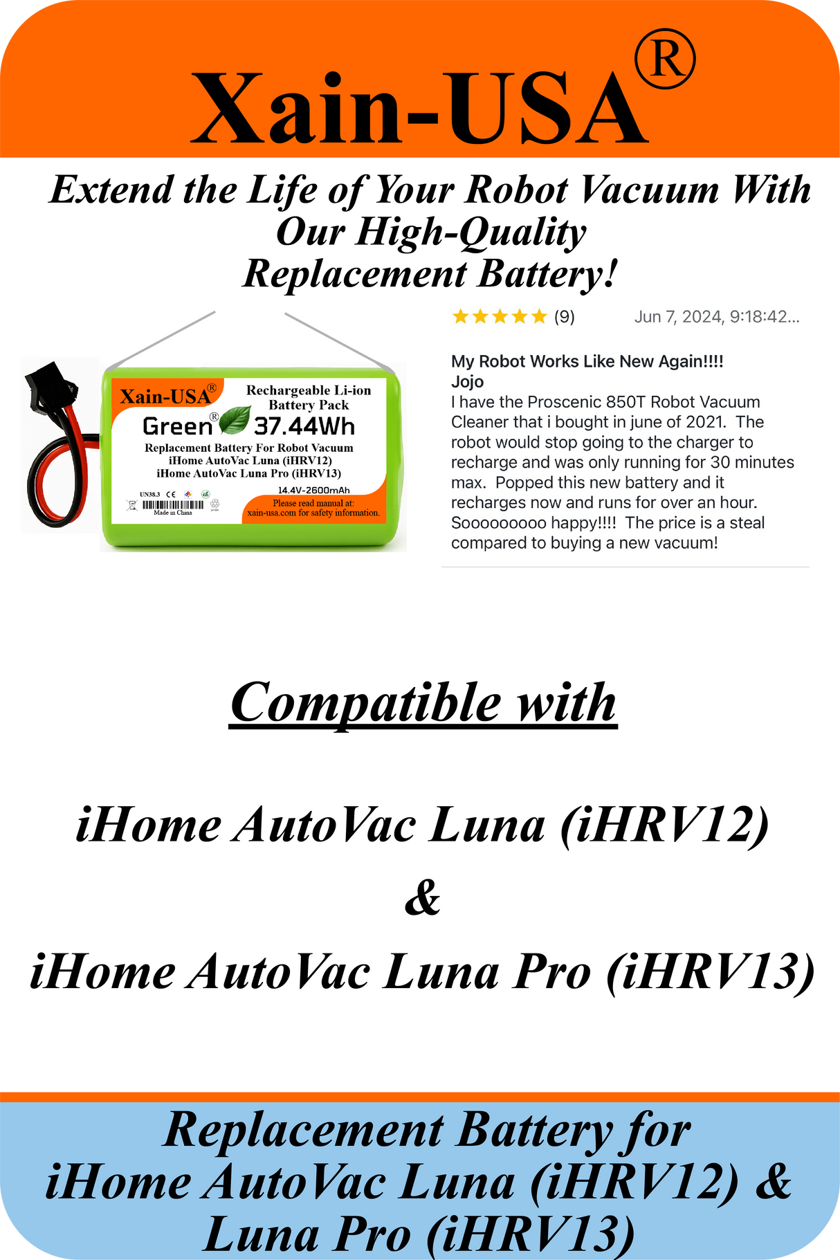 Replacement Battery 14.4V 2600mAh (37.4Wh) for iHome AutoVac Luna iHRV12 & Luna Pro iHRV13 Robot Vacuum Cleaner