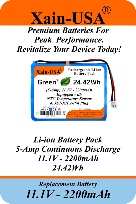 (5-Amp) 11.1V 2200mAh Rechargeable Li-ion Battery Pack | JST-XH 2-Pin Connector | Built-in BMS Protection and NTC Temperature Sensor