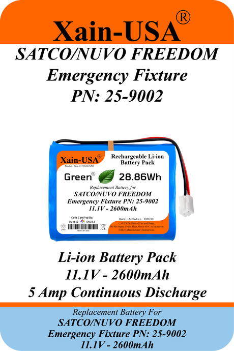 Xain-USA 11.1V 2600mAh Replacement Battery for SATCO/NUVO FREEDOM Emergency Fixture | Replaces 25-9002 | Built-In BMS & 10KΩ NTC Thermistor