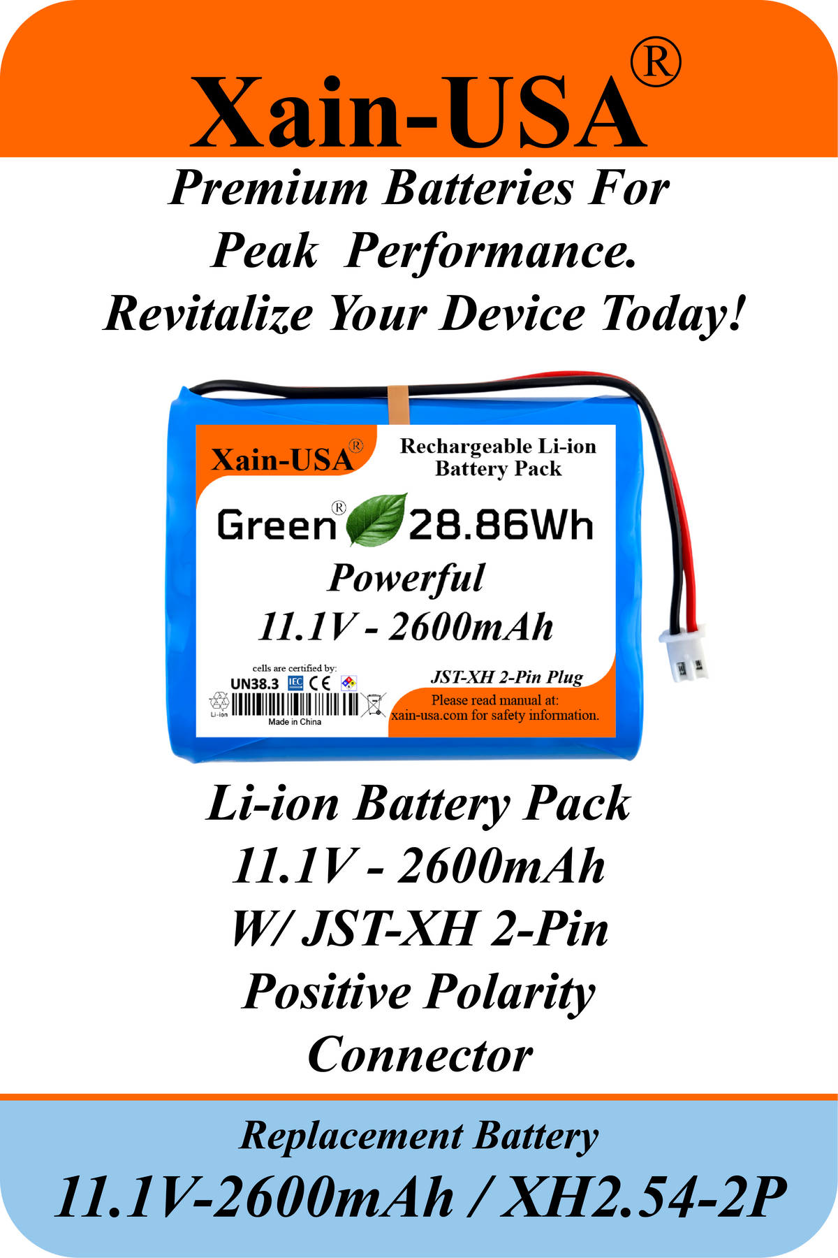 11.1V 2600mAh Li-ion Battery Pack | 3S1P JST-XH 2-Pin with BMS