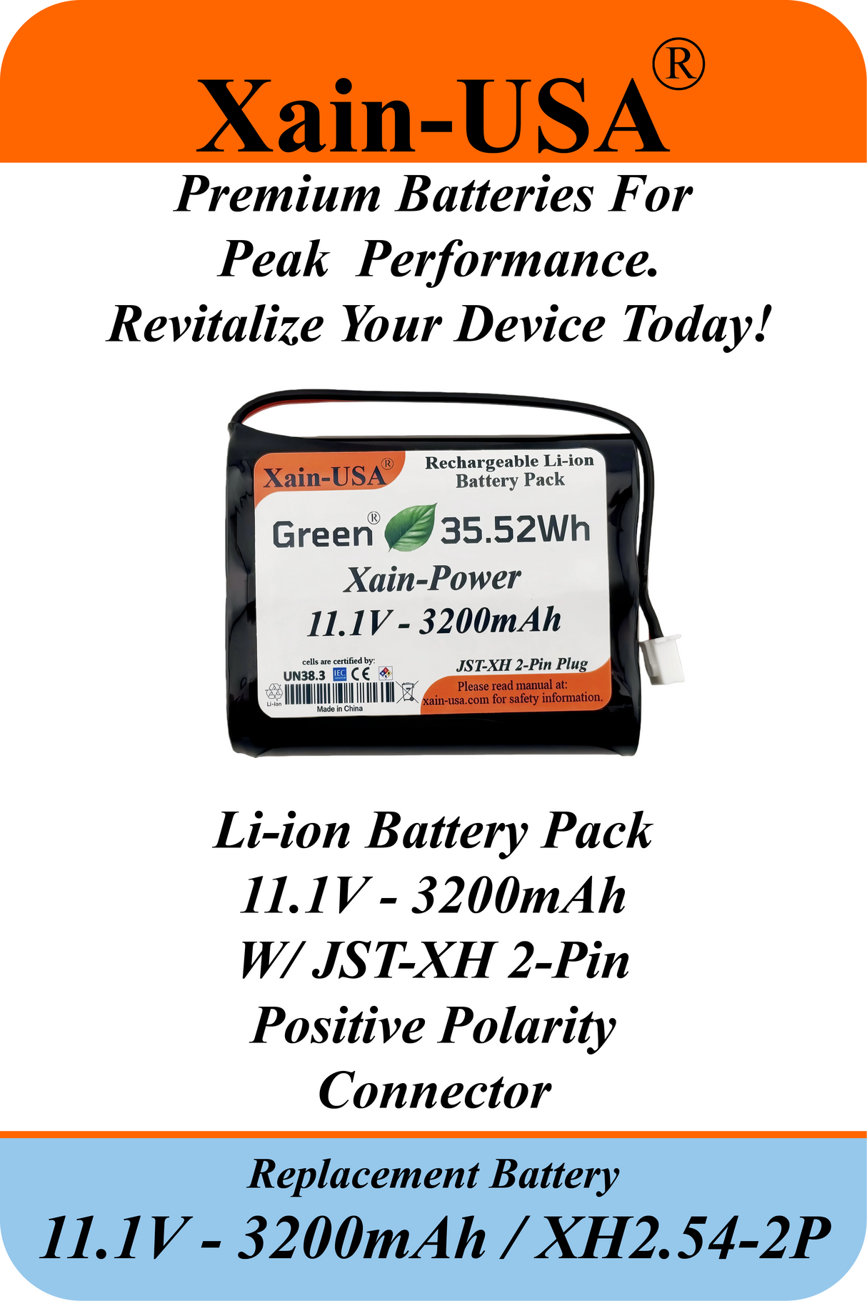 Xain-Power 3200mAh 11.1V Li-ion Battery Pack | 3S1P Rechargeable Lithium-Ion Replacement Battery with JST-XH2.54 Connector | Compatible with Super LifeJacket IMW888S / Two-Way Radios / Pool Vacuum